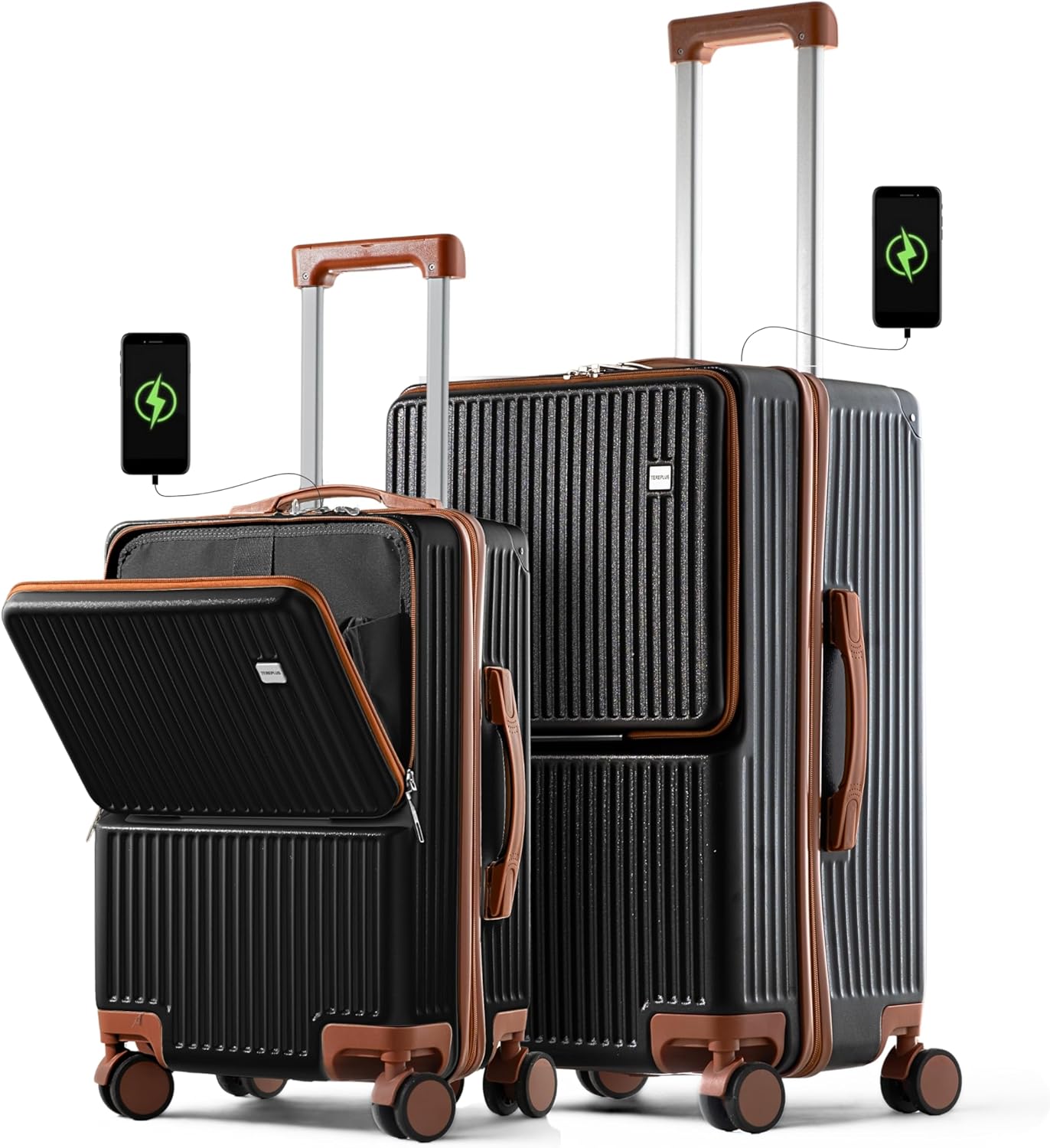 TEREPLUS® 20 Inch Travel Trolley Bag Suitcase with Front Open Laptop Compartment, USB Port Charging, Silent Wheels, Hook - Black & Mocha