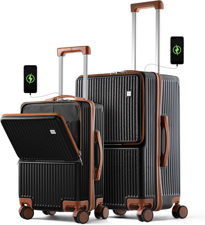 TEREPLUS® 20 Inch Travel Trolley Bag Suitcase with Front Open Laptop Compartment, USB Port Charging, Silent Wheels, Hook - Black & Mocha