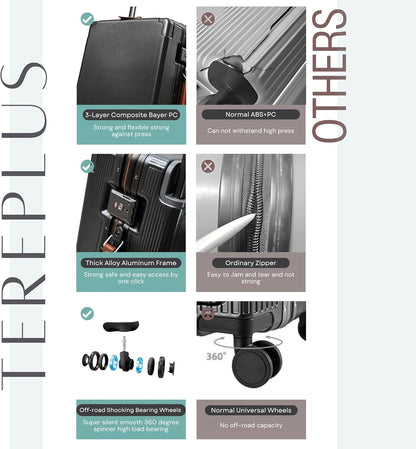 TERE® Carry On 20-inch Luggage Travel Suitcase with Aluminium Frame Zipperless Cup Holder USB Port Charging Lightweight Silent Wheels Cabin Bag Amby2 (Black & Mocha, 20-inch)