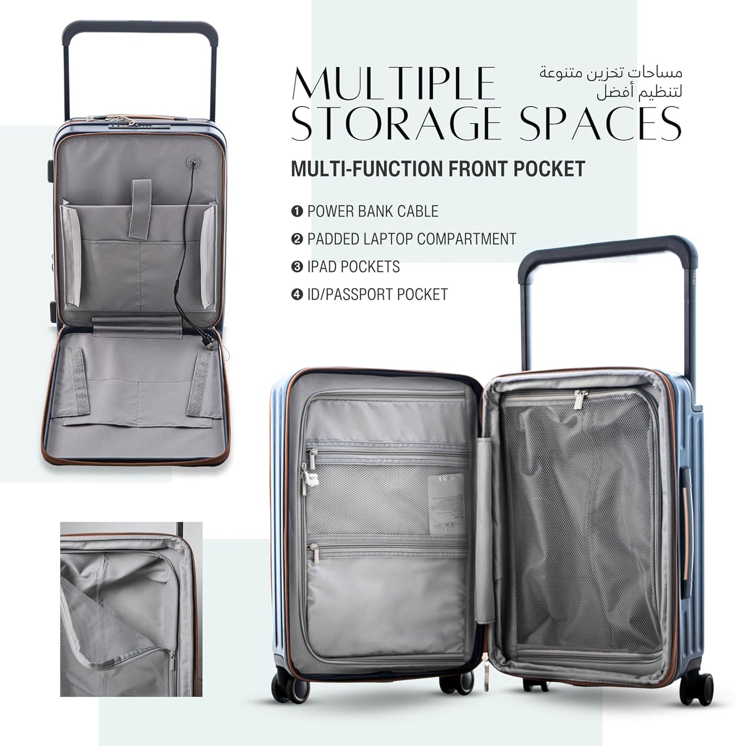 طقم حقائب سفر فاخرة مقاس 20/24 بوصة، حقيبة يد وحقيبة سفر مسجلة مع جيب أمامي مفتوح للكمبيوتر المحمول، مقبض عريض، عجلات صامتة قابلة للتوسيع، منافذ USB، لون أزرق، طقم من قطعتين (20/24 بوصة) 