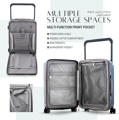 طقم حقائب سفر فاخرة مقاس 20/24 بوصة، حقيبة يد وحقيبة سفر مسجلة مع جيب أمامي مفتوح للكمبيوتر المحمول، مقبض عريض، عجلات صامتة قابلة للتوسيع، منافذ USB، لون أزرق، طقم من قطعتين (20/24 بوصة) 