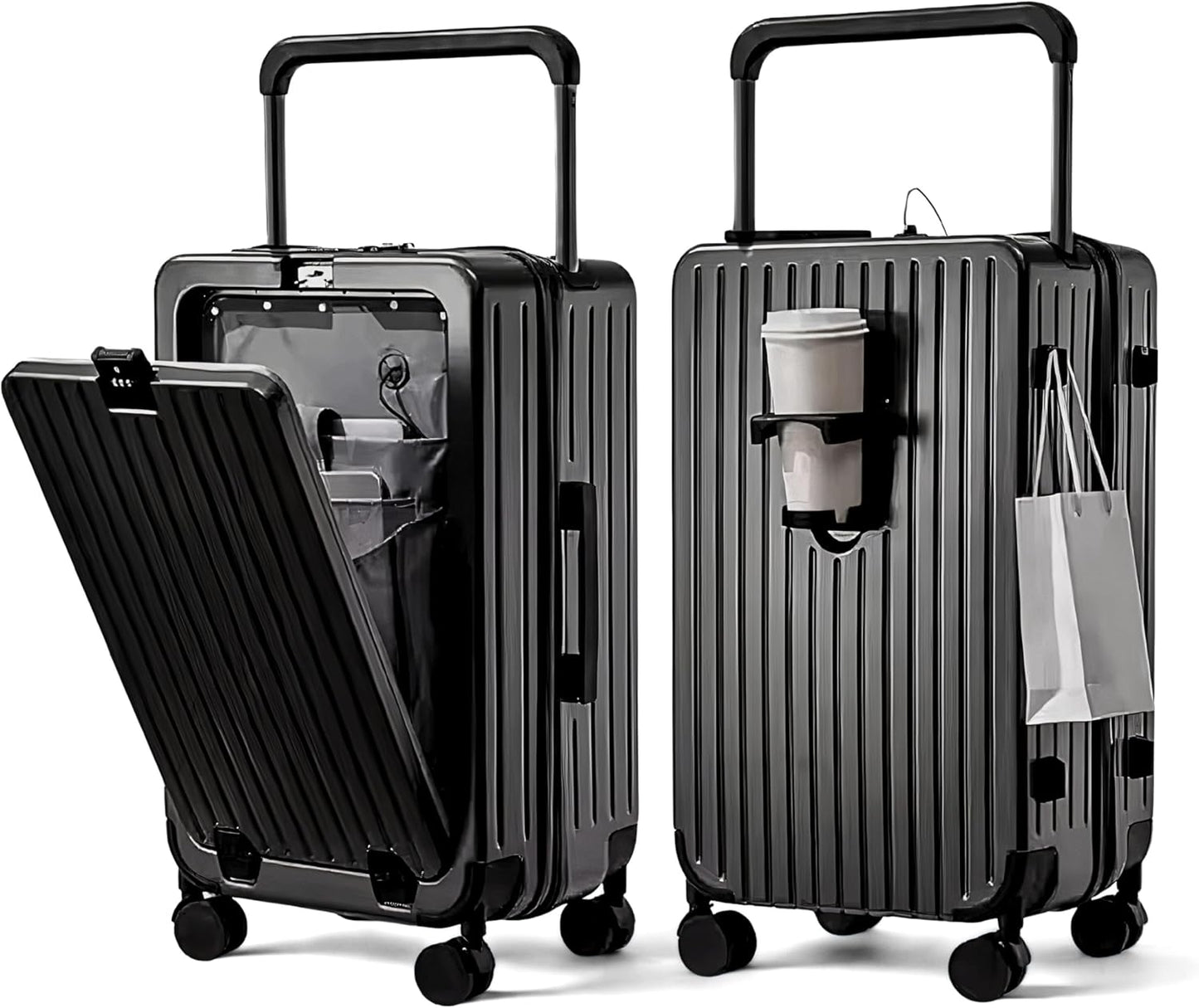 Luma | Carry on 20-inch Luggage with Front Open Laptop Compartment, Wide Handle, Cup Holder, USB Port, Full PC - Black