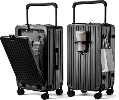 Luma | Carry on 20-inch Luggage with Front Open Laptop Compartment, Wide Handle, Cup Holder, USB Port, Full PC - Black