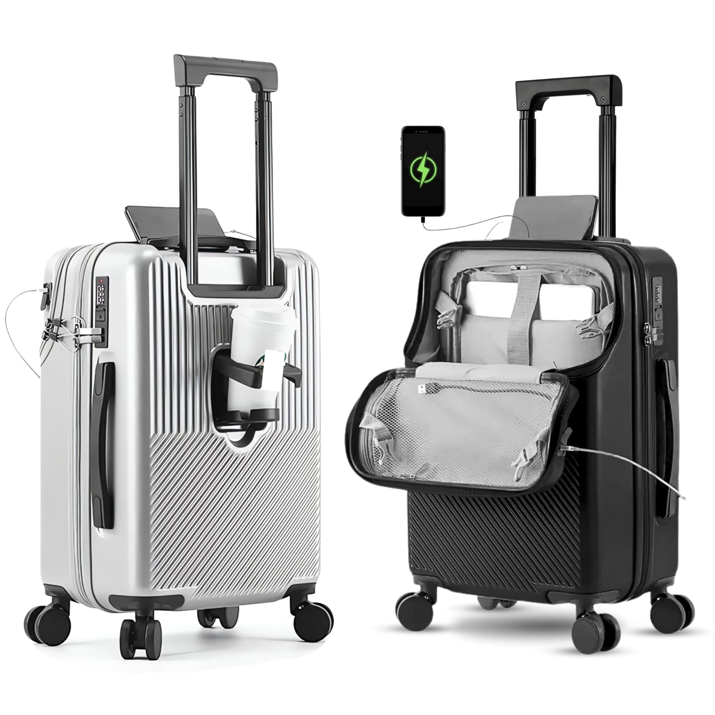 TERE 20" Carry On Luggage Travel Trolley Bag Suitcase with Front Open Laptop Compartment, USB Port Charging, Cup Holder, Silent Wheels, Hook (Grey)