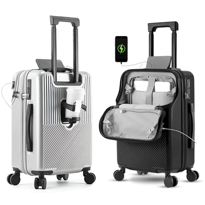 TERE 20" Carry On Luggage Travel Trolley Bag Suitcase with Front Open Laptop Compartment, USB Port Charging, Cup Holder, Silent Wheels, Hook (Grey)