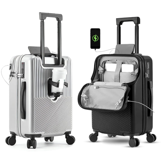 TERE 20" Carry On Luggage Travel Trolley Bag Suitcase with Front Open Laptop Compartment, USB Port Charging, Cup Holder, Silent Wheels, Hook (Grey)