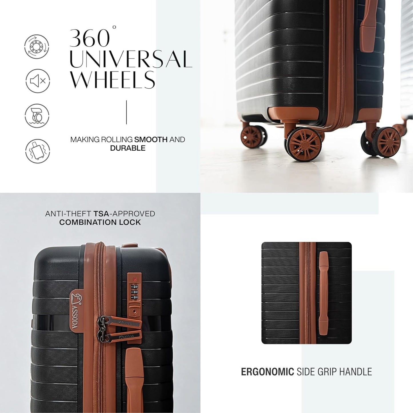 ASSODA Luggage Set of Three 20/24/28 inch Stylish Carry On and Check In Travel Bag Silent Wheels Suitcase Lightweight Durable (Black/Brown, Set (20/24/28-inch))