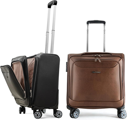 TERE Carry On 16-inch Luggage Travel PU Leather with Laptop Compartment Phone Holder Trolley Boarding Bag Suitcase Lightweight Silent Wheels Business Cabin 607 (Brown, 16-inches)