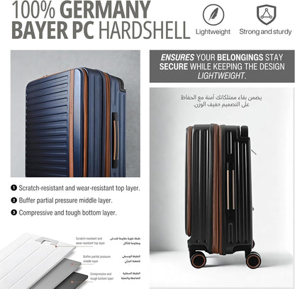 طقم حقائب سفر فاخرة مقاس 20/24 بوصة، حقيبة يد وحقيبة سفر مسجلة مع جيب أمامي مفتوح للكمبيوتر المحمول، مقبض عريض، عجلات صامتة قابلة للتوسيع، منافذ USB، لون أزرق، طقم من قطعتين (20/24 بوصة) 