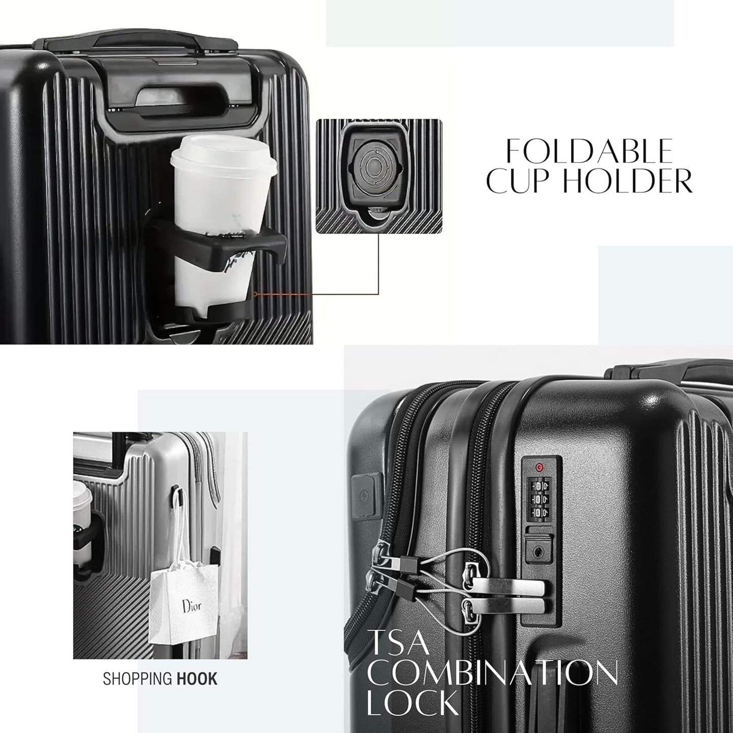 TERE 20" Carry On Luggage Travel Trolley Bag Suitcase with Front Open Laptop Compartment, USB Port Charging, Cup Holder, Silent Wheels, Hook (Grey)