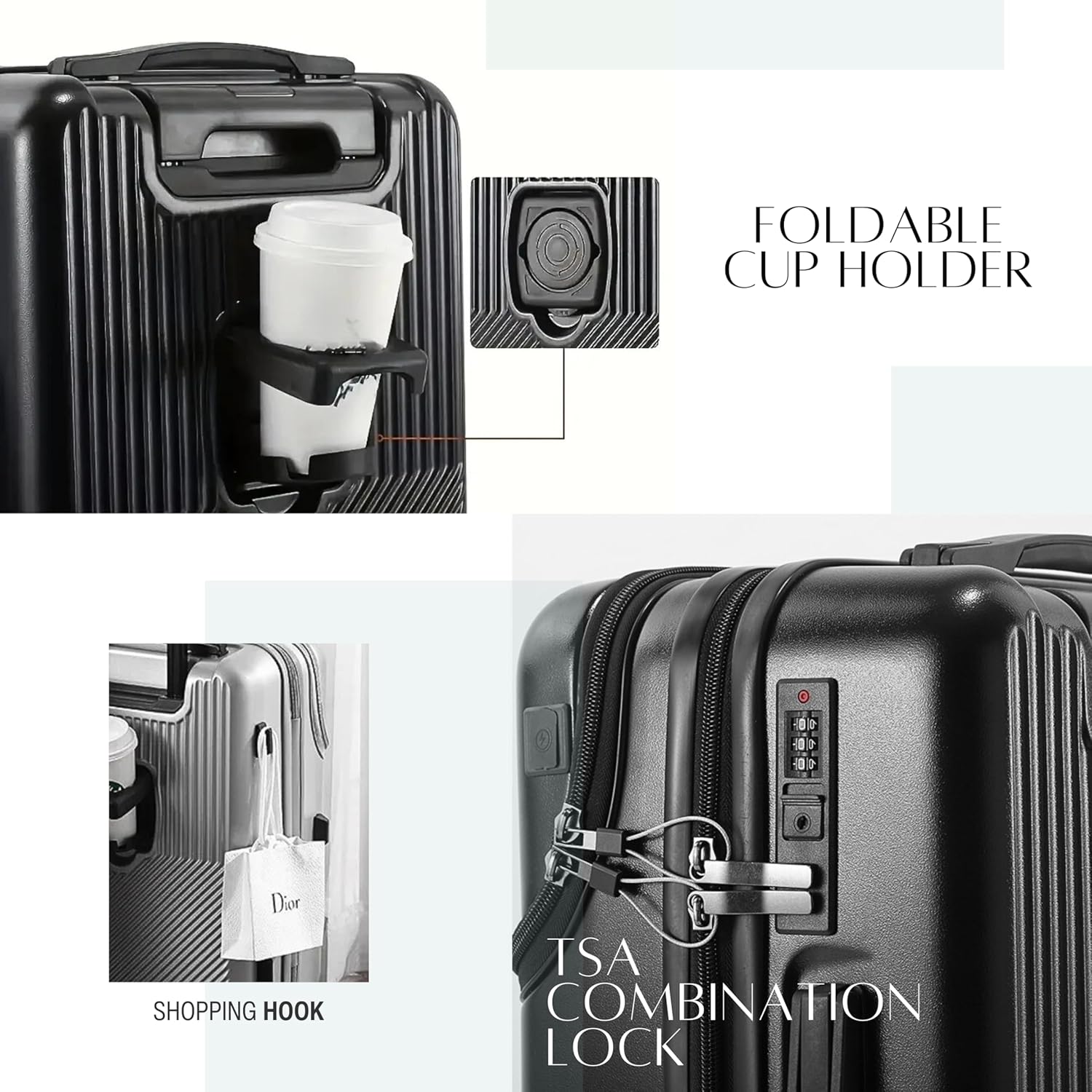 TERE 20" Carry On Luggage Travel Trolley Bag Suitcase with Front Open Laptop Compartment, USB Port Charging, Cup Holder, Silent Wheels, Hook (Grey)