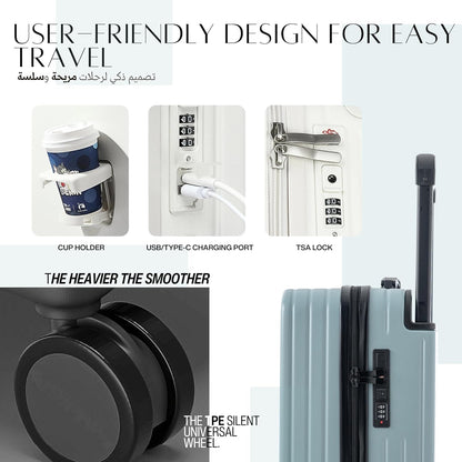 TERE® Check In 26-inch Luggage Travel Suitcase Wide Handle Cup Holder Silent Wheels USB Port Charging Cabin Bag Vada5 (Black, 26-inch)