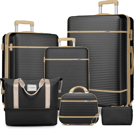 LARVENDER | Premium 6-Piece Luggage Set – Durable & Expandable Complete Travel Collection - Black