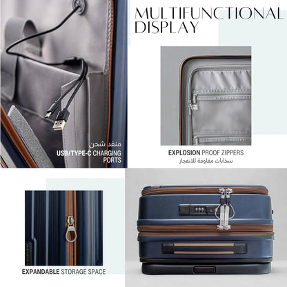 طقم حقائب سفر فاخرة مقاس 20/24 بوصة، حقيبة يد وحقيبة سفر مسجلة مع جيب أمامي مفتوح للكمبيوتر المحمول، مقبض عريض، عجلات صامتة قابلة للتوسيع، منافذ USB، لون أزرق، طقم من قطعتين (20/24 بوصة) 