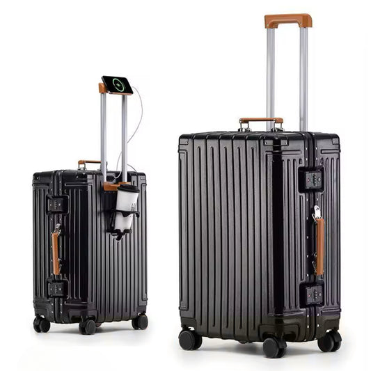 Amby 2.0 | حفيبة سفر 20 انش بإطار ألومنيوم، بدون سحاب، حامل أكواب، منفذ USB، خفيف الوزن - اسود