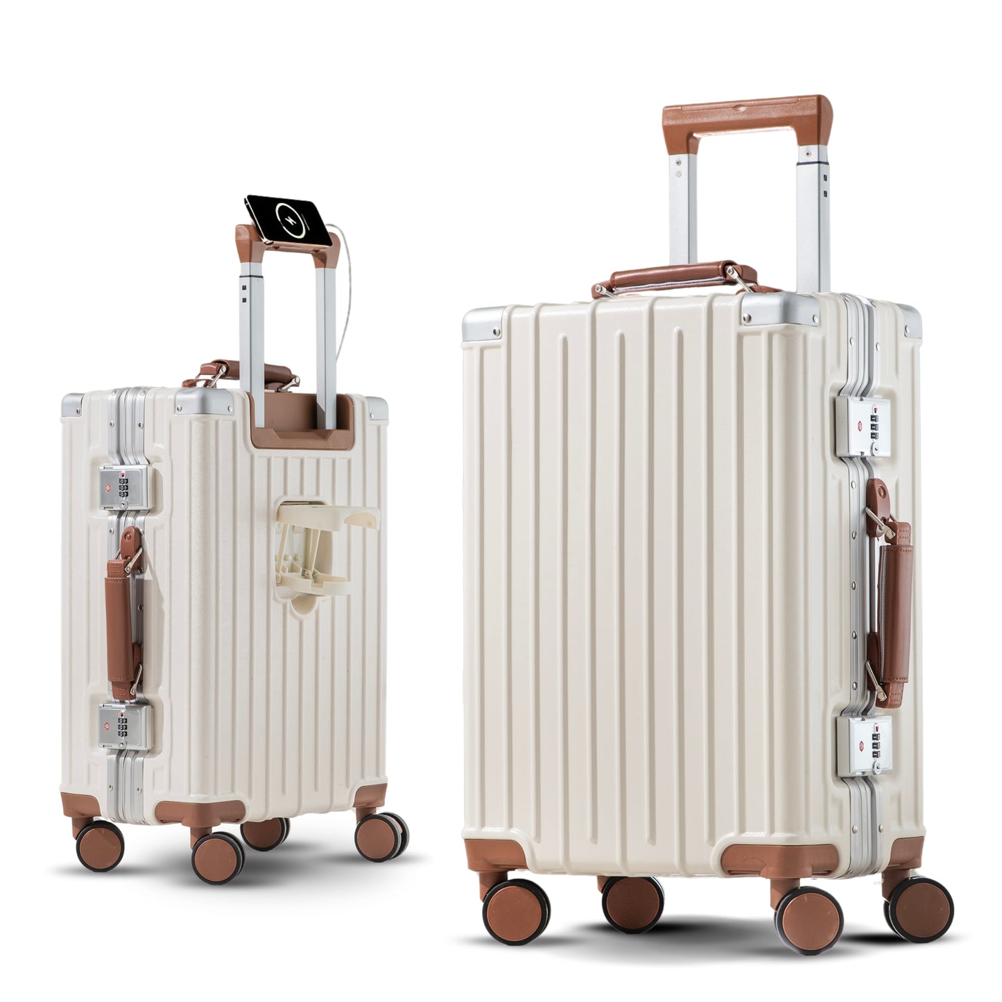 حقيبة سفر محمولة من تيري® مقاس 20 بوصة بإطار من الألومنيوم، بدون سحاب، حامل أكواب، منفذ شحن USB، عجلات صامتة خفيفة الوزن، حقيبة مقصورة Amby2 (أسود وموكا، 20 بوصة)