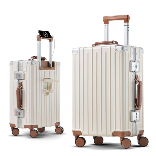 Amby 2.0 | Check In 24" Bag with Aluminium Frame Zipperless, Cup Holder, USB Port, Lightweight - White & Mocha