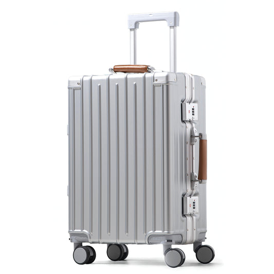 Amby 3.0 | Carry On 20" Bag with Aluminium Frame Zipperless, Cup Holder, USB Port, Lightweight - Brown Handle