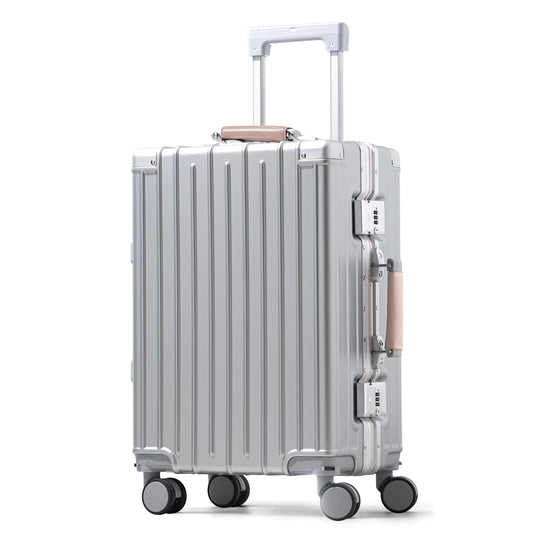 أمبي 3.0 | حقيبة سفر محمولة مقاس 20 انش بإطار ألومنيوم، بدون سحاب، حامل أكواب، منفذ USB، خفيفة الوزن - مقبض وردي فاتح