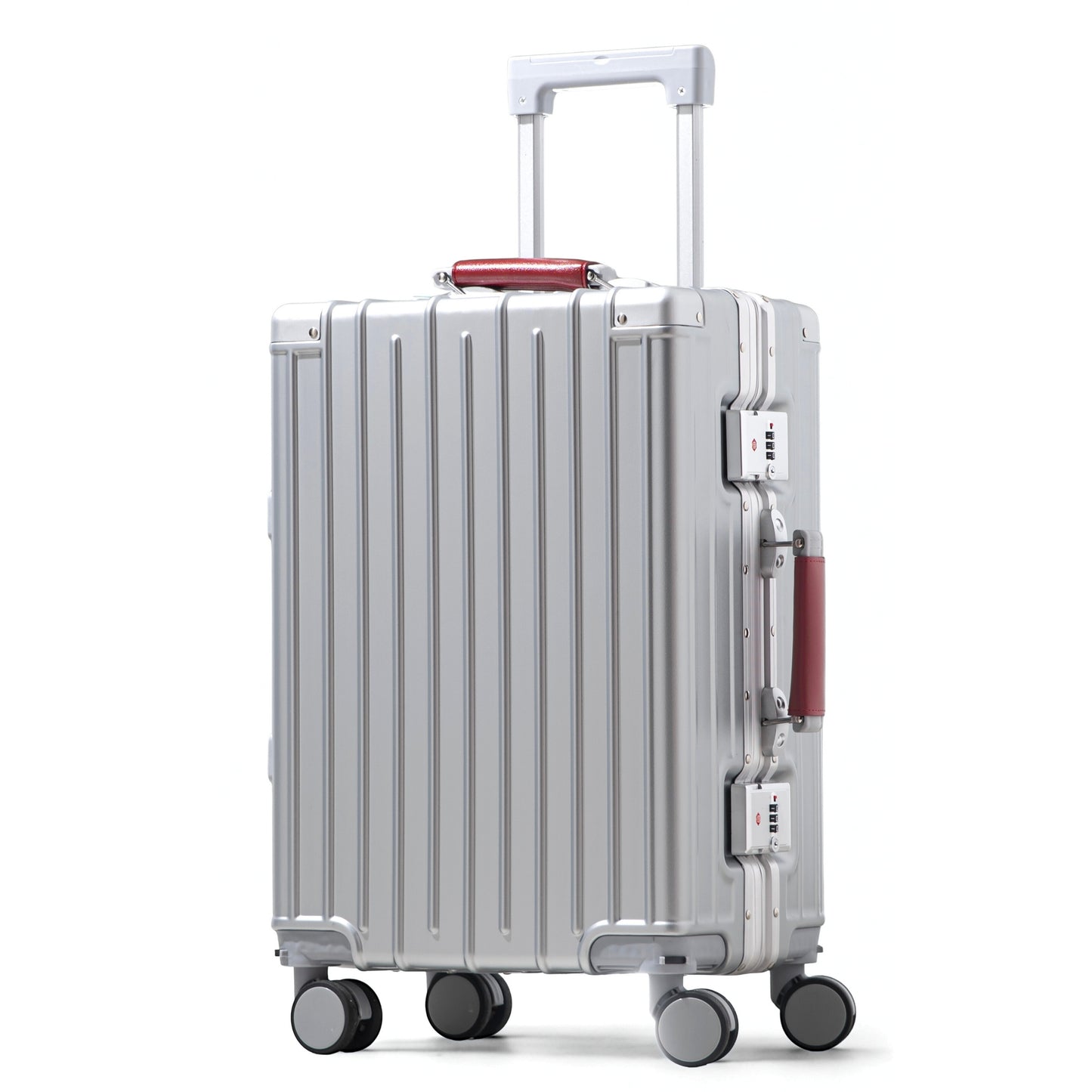 Amby 3.0 | Carry On 20" Bag with Aluminium Frame Zipperless, Cup Holder, USB Port, Lightweight - Burgundy Handle