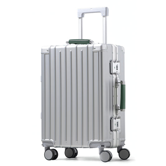 أمبي 3.0 | حقيبة سفر محمولة مقاس 20 انش بإطار ألومنيوم، بدون سحاب، حامل أكواب، منفذ USB، خفيفة الوزن - مقبض أخضر غامق