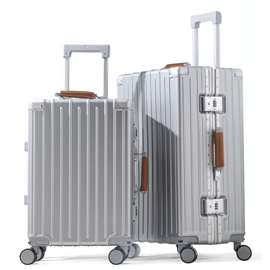 Amby 3.0 | Luggage Set 20"/24" Carry On & Check In with Aluminium Frame Zipperless, Cup Holder, USB Port, Lightweight - Brown Handle