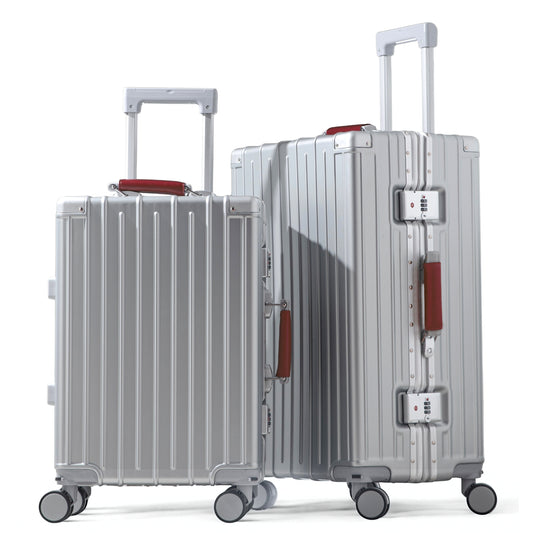 أمبي 3.0 | طقم حقائب سفر 20/24 انش، حقيبة يد وحقيبة سفر مسجلة، بإطار ألومنيوم، بدون سحاب، حامل أكواب، منفذ USB، خفيفة الوزن - مقبض عنابي