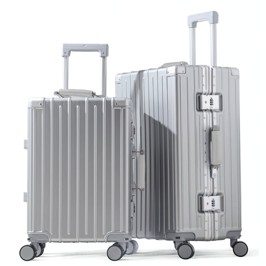 أمبي 3.0 | طقم حقائب سفر 20/24 انش، حقيبة يد وحقيبة سفر مسجلة، بإطار من الألومنيوم، بدون سحاب، حامل أكواب، منفذ USB، خفيف الوزن - مقبض فضي