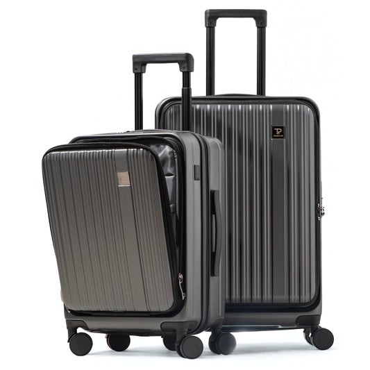 Dep 3.0 | Luggage Set 20"/24" Carry-On & Check In with Front Open Laptop Compartment, Wide Handle, Expandable, USB Ports - Dark Grey
