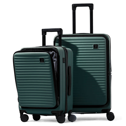 Dep 4.0 | Luggage Set 20"/24" Carry On & Check In with Front Open Laptop Compartment, Wide Handle, Expandable, USB Ports - Dark Green