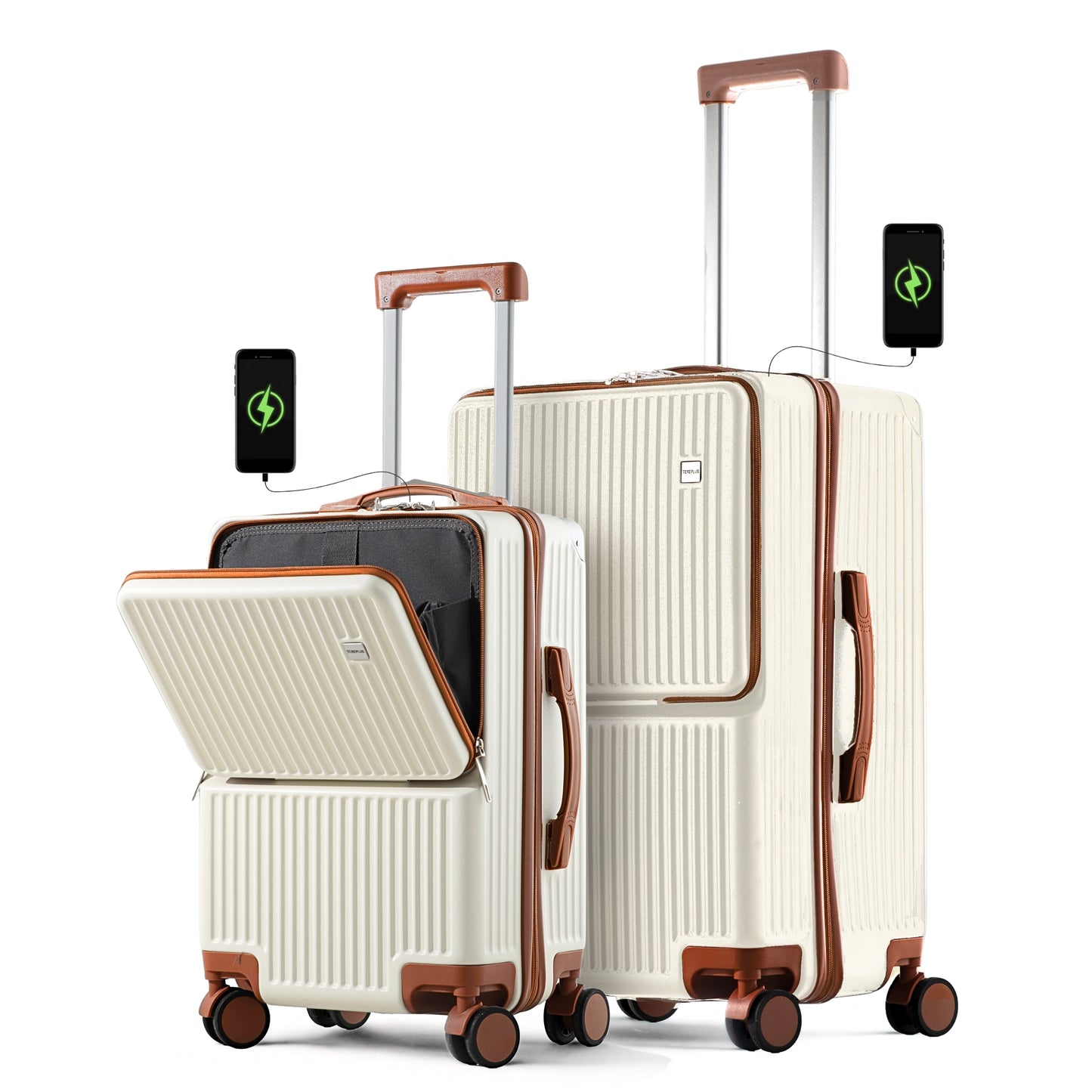 EVA 2.0 | Luggage Set 20"/24" Carry On & Check In with Front Open, USB Port, Silent Wheels, Hook - White & Mocha