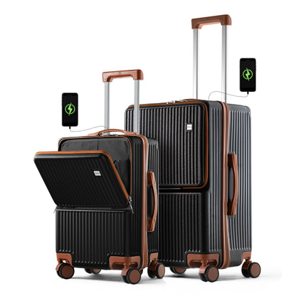 EVA 2.0 | Luggage Set 20"/24" Carry On & Check In with Front Open, USB Port, Silent Wheels, Hook - Black & Mocha