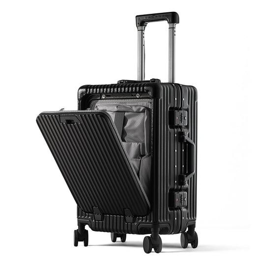 KEYA | Carry On 20" Luggage with Front Open Laptop Compartment, Aluminium Frame Zipperless Wide Handle, USB Ports - Black