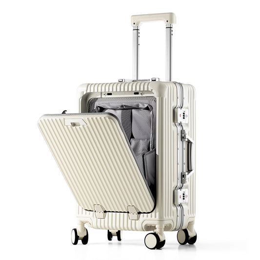 KEYA | Carry On 20" Luggage with Front Open Laptop Compartment, Aluminium Frame Zipperless Wide Handle, USB Ports - White