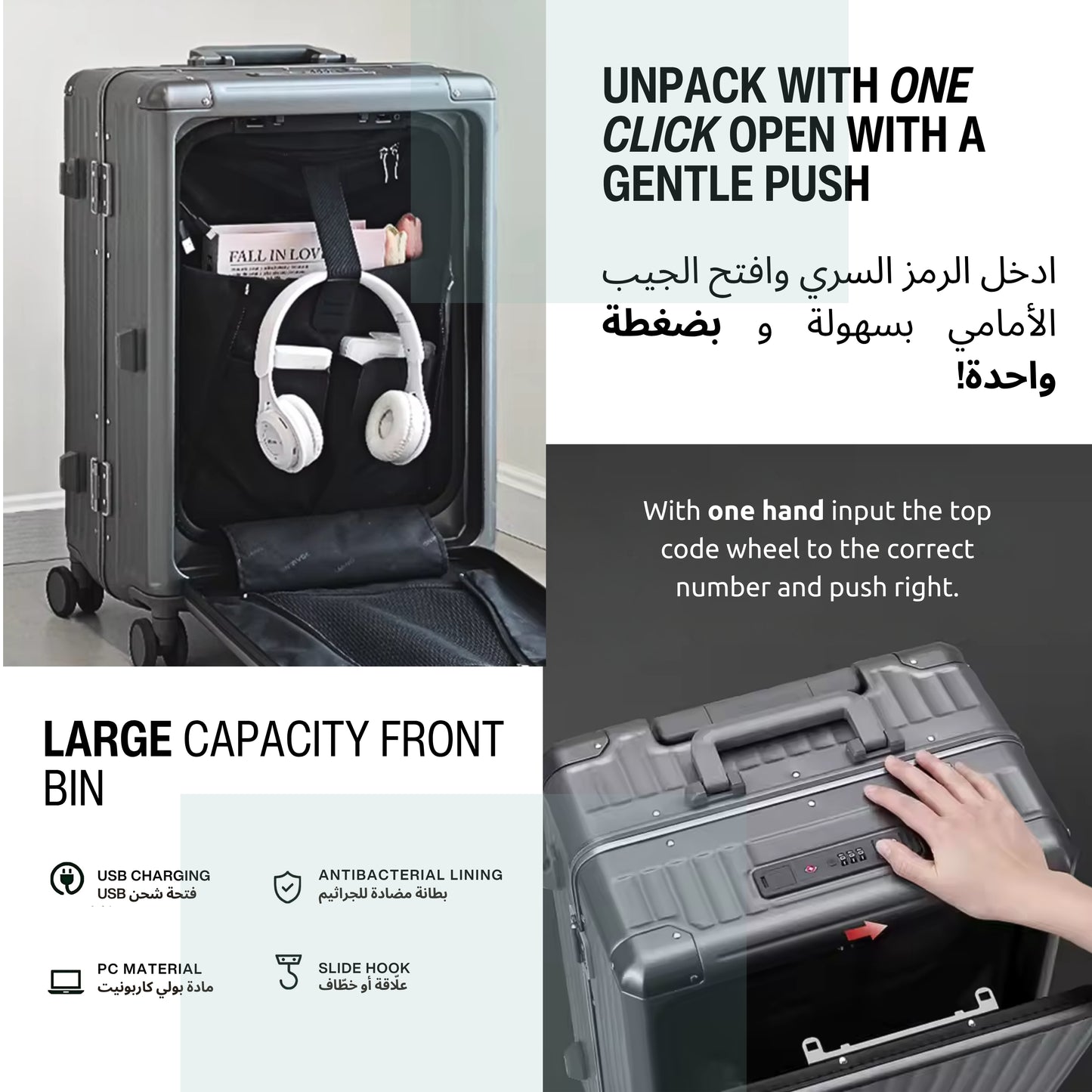 KEYA | Carry On 20" Luggage with Front Open Laptop Compartment, Aluminium Frame Zipperless Wide Handle, USB Ports - Black