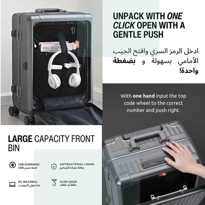 KEYA | Carry On 20" Luggage with Front Open Laptop Compartment, Aluminium Frame Zipperless Wide Handle, USB Ports - Black