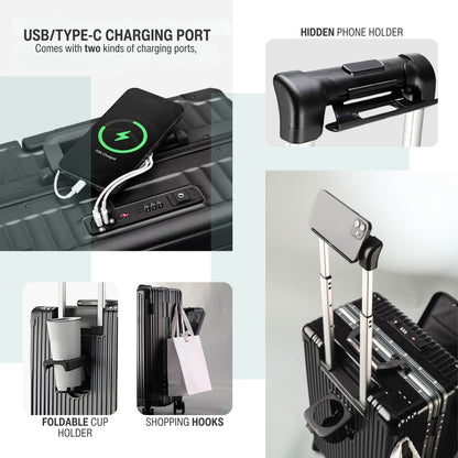 KEYA | Carry On 20" Luggage with Front Open Laptop Compartment, Aluminium Frame Zipperless Wide Handle, USB Ports - Black