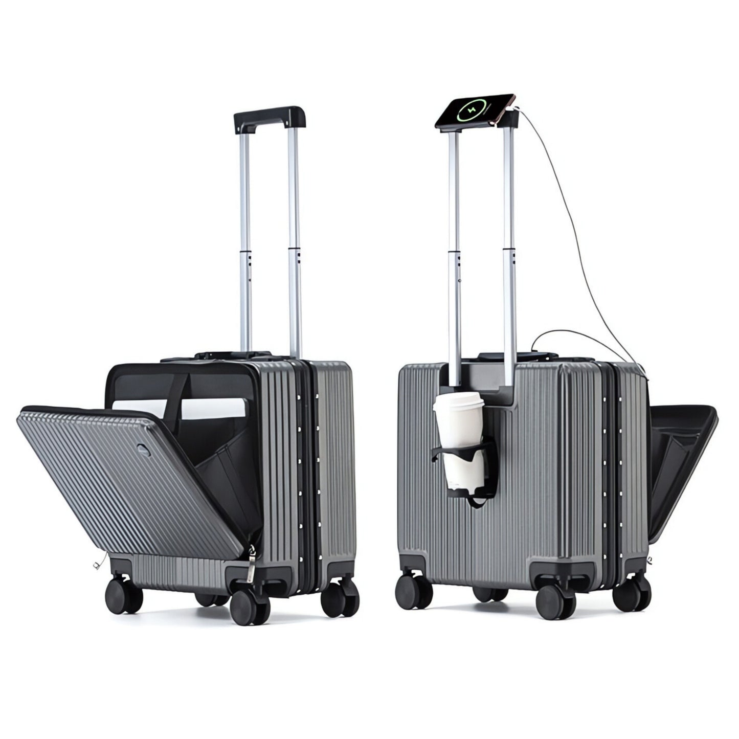 NUKY | Carry On 18" Luggage with Front Open Laptop Compartment, Aluminium Frame Zipperless Wide Handle, USB Ports - Black