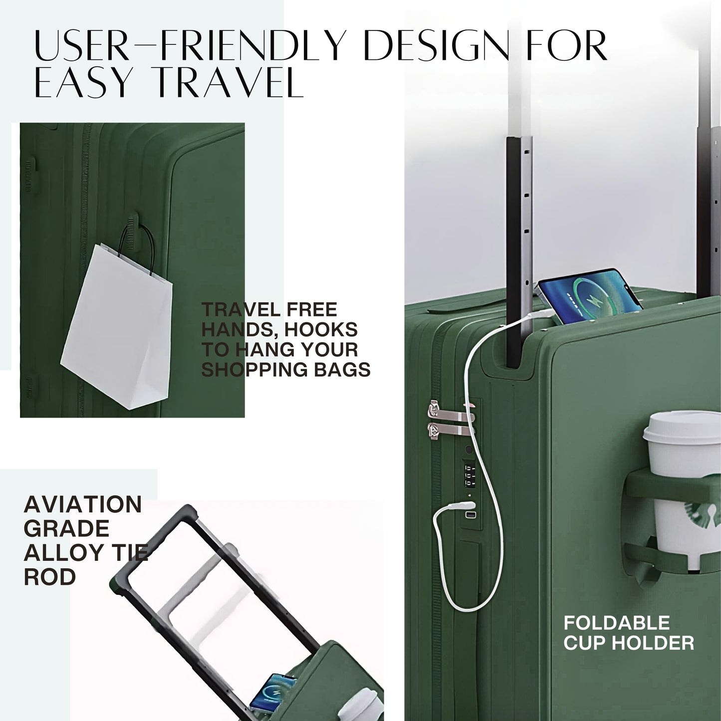 حقيبة سفر محمولة من TERE® بمقبض عريض وحامل أكواب وعجلات صامتة ومنفذ شحن USB وحقيبة مقصورة 20 بوصة Jx (أصفر، 26 بوصة)