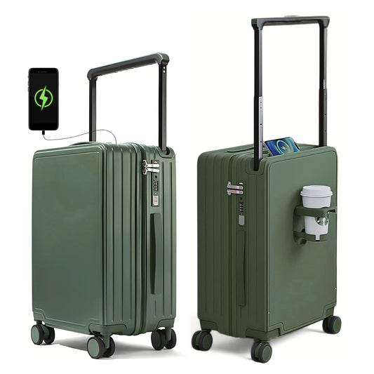 VADA | Carry On 20" Bag with Wide Handle, Cup Holder, USB Port - Army Green