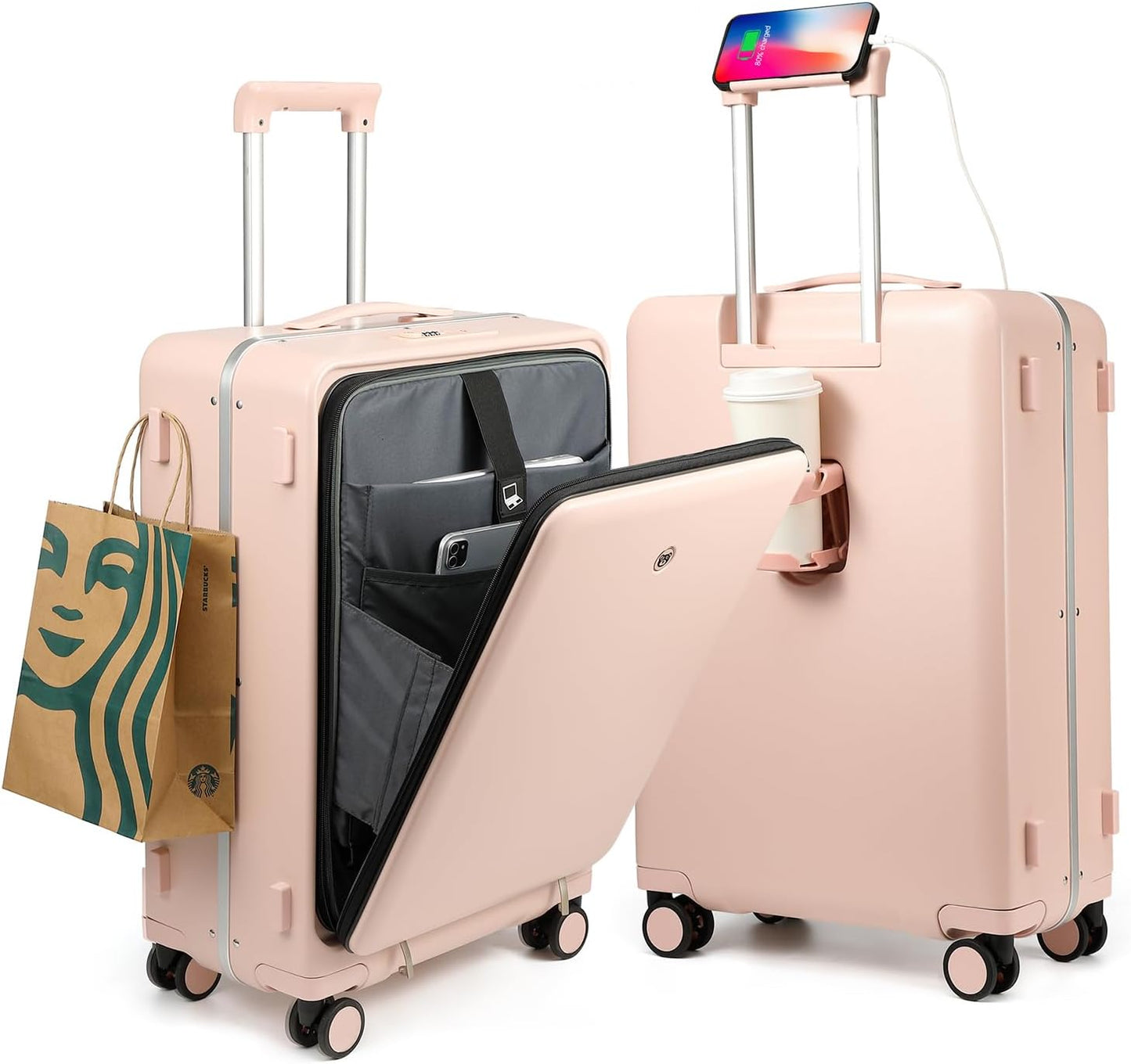 حقيبة سفر محمولة مزودة بجيب أمامي، وحجرة للكمبيوتر المحمول، ومنفذ USB، وحامل أكواب، وإطار من الألومنيوم، وقفل TSA، من Deepy (وردي، 20)