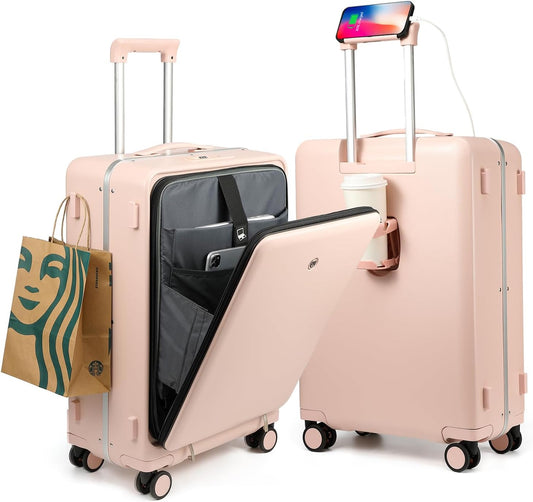 PC.X | Luxury Carry On 20" Luggage with Front Open Laptop Compartment, Aluminium Frame Zipperless Wide Handle, USB Ports - Pink