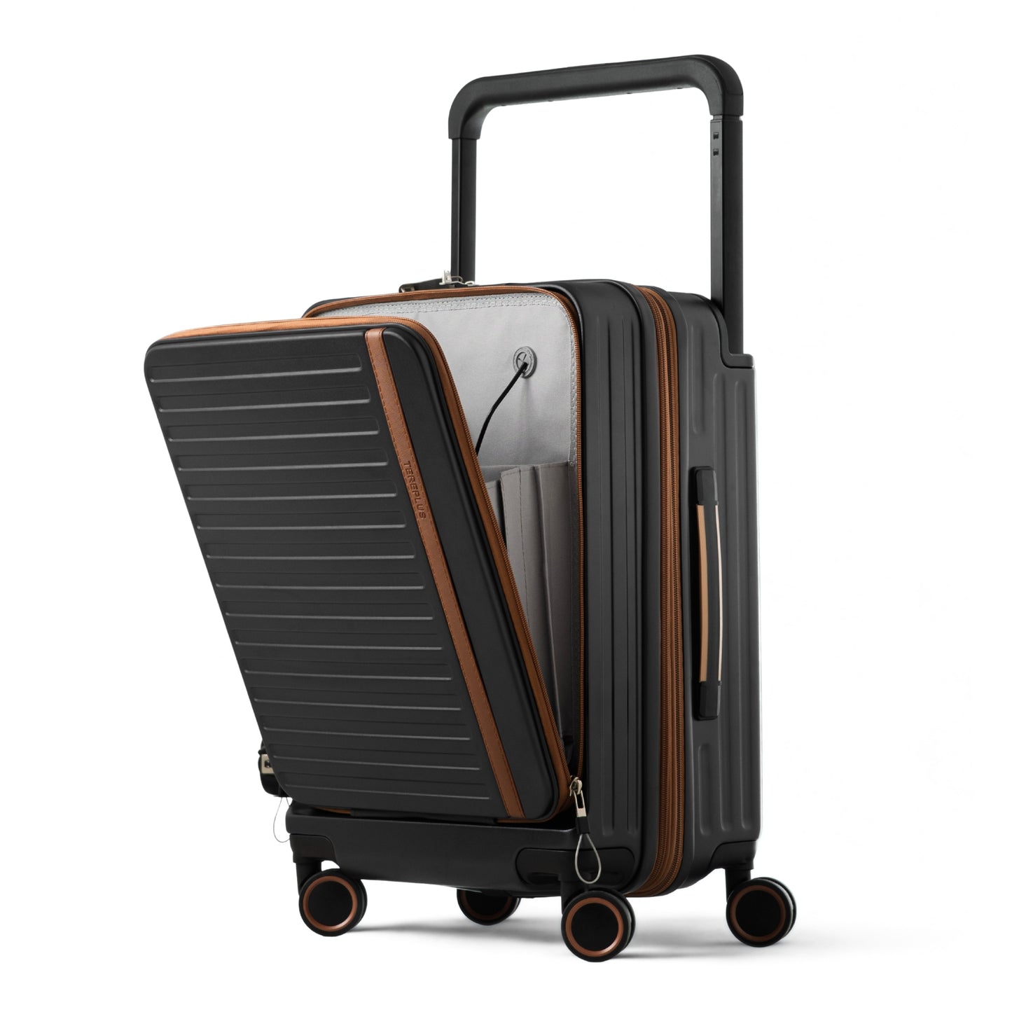 Pantom | Luxury Carry On 20" Bag with Front Open Laptop Compartment, Wide Handle, Expandable, USB Ports - Black