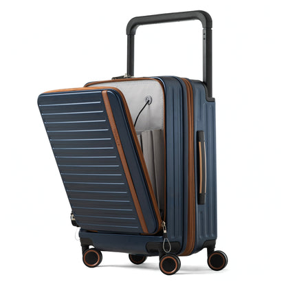 Pantom | Luxury Carry On 20" Bag with Front Open Laptop Compartment, Wide Handle, Expandable, USB Ports - Navy