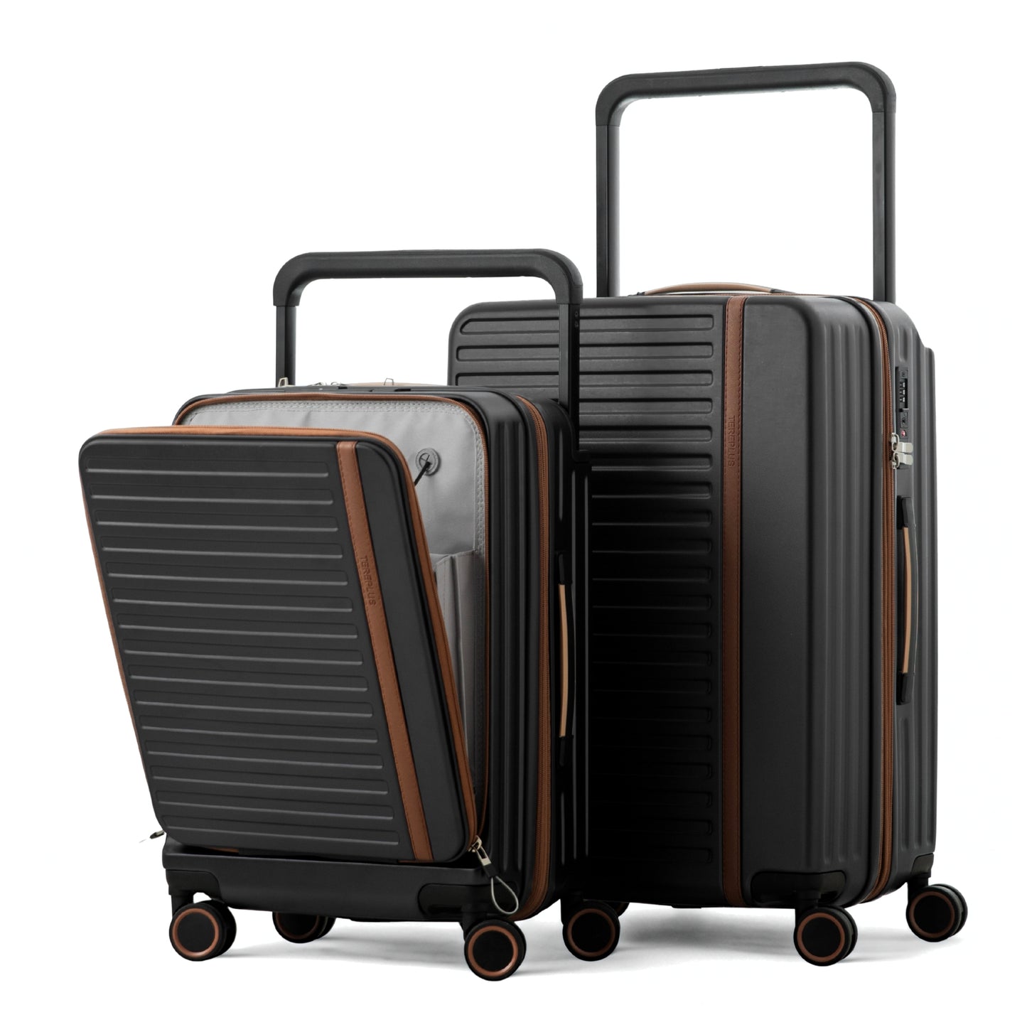 Pantom | Luggage Set 20"/24" Carry-On & Check In with Front Open Laptop Compartment, Wide Handle, Expandable, USB Ports - Black