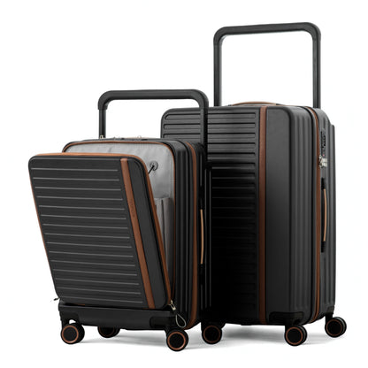 Pantom | Luggage Set 20"/24" Carry-On & Check In with Front Open Laptop Compartment, Wide Handle, Expandable, USB Ports - Black