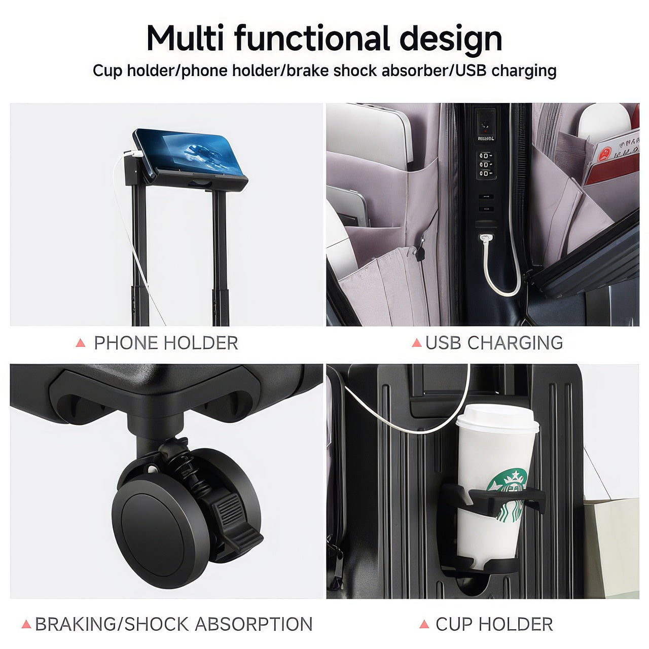 PKTS | Carry On Luggage - Lightweight, USB Charging, Front Pocket & Cup Holder - Pink